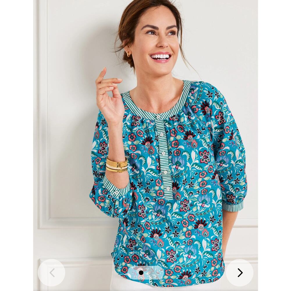 Talbots Band Collar Popover Jacobean Floral Top Size M